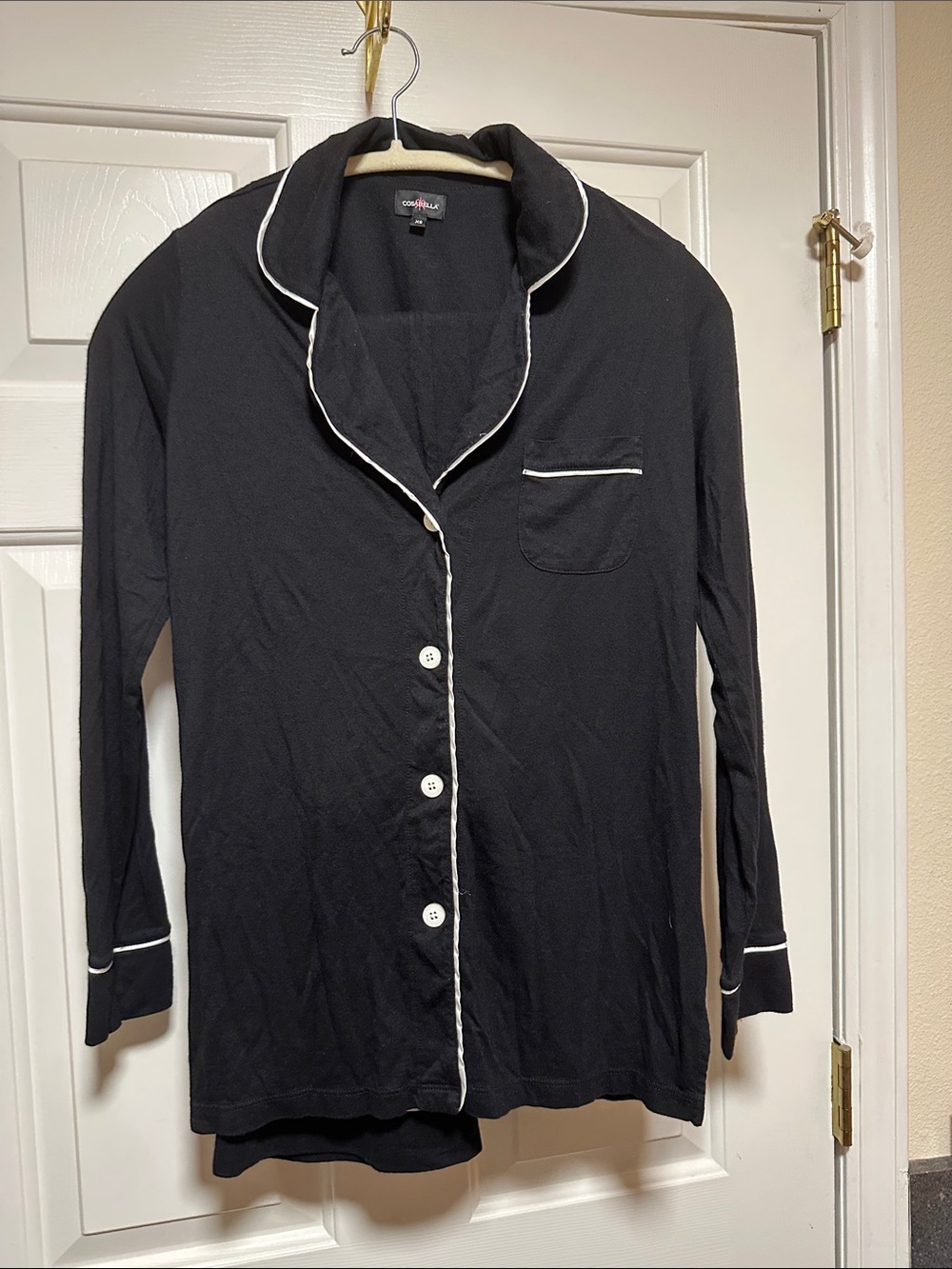 Cosabella Black Long-Sleeve Button Pajama Top with White Piping